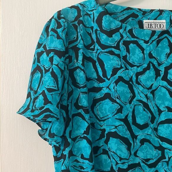 J. B. Too vintage aqua & black print blouson flutter sleeve pleat dress size 14 - Picture 2 of 9